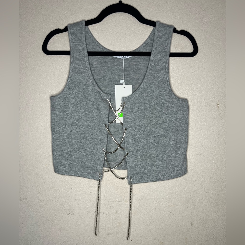 LA Bijou Gray Top with Sparkly Chain